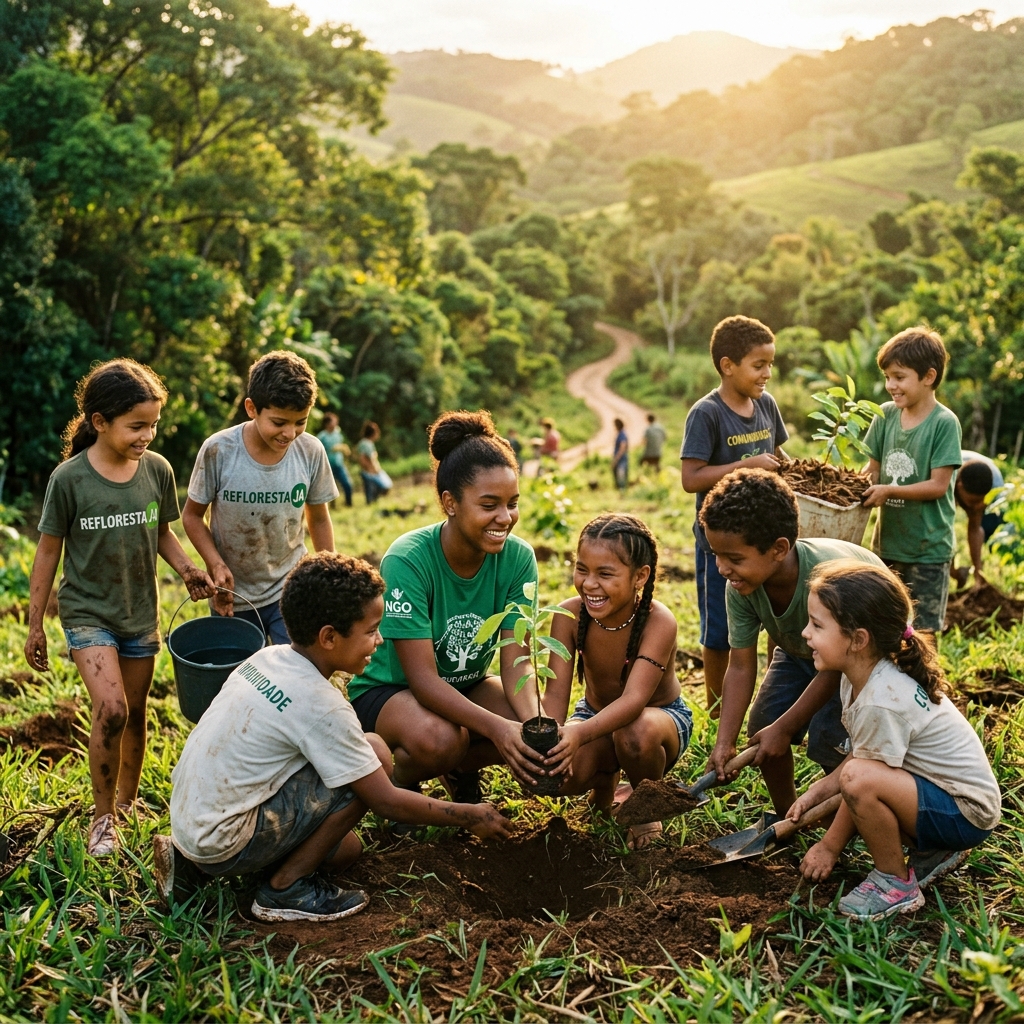 Crianças colaborando em projeto ambiental ao ar livre